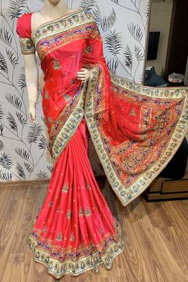 Pure silk wedding wear saree in red with embroidery work & handwork 2