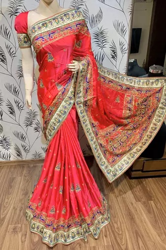 Pure silk wedding wear saree in red with embroidery work & handwork