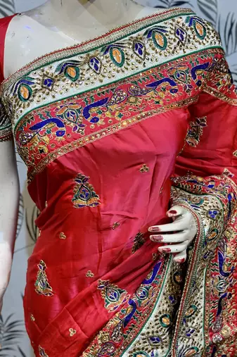Pure silk wedding wear saree in red with embroidery work & handwork
