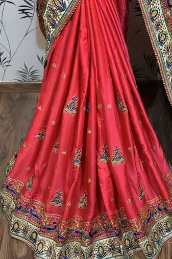Pure silk wedding wear saree in red with embroidery work & handwork