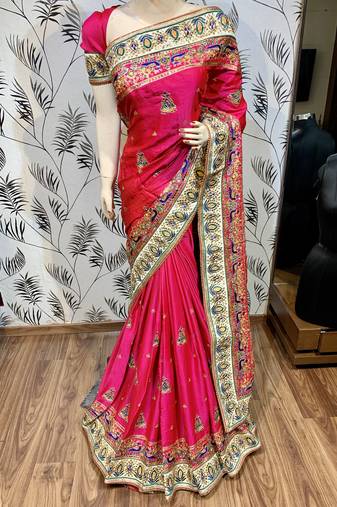 Pure silk wedding wear saree in pink with embroidery work & handwork