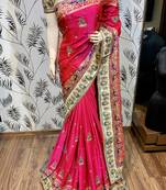 Pure silk wedding wear saree in pink with embroidery work & handwork