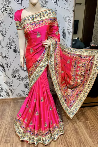 Pure silk wedding wear saree in pink with embroidery work & handwork