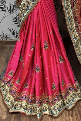 Pure silk wedding wear saree in pink with embroidery work & handwork 3