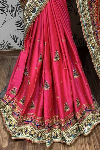 Pure silk wedding wear saree in pink with embroidery work & handwork