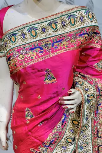 Pure silk wedding wear saree in pink with embroidery work & handwork