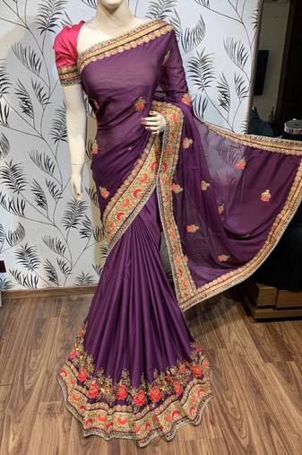 Chiffon silk wedding wear saree in violet with embroidery work & handwork