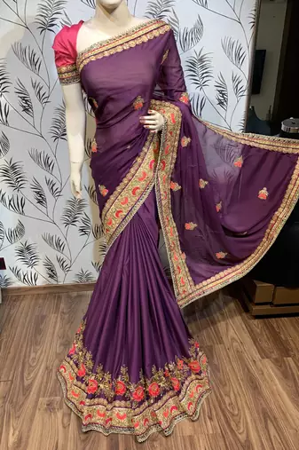 Chiffon silk wedding wear saree in violet with embroidery work & handwork