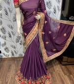 Chiffon silk wedding wear saree in violet with embroidery work & handwork