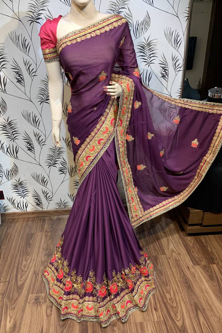 Chiffon silk wedding wear saree in violet with embroidery work & handwork