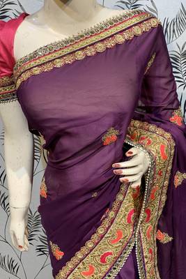 Chiffon silk wedding wear saree in violet with embroidery work & handwork 2
