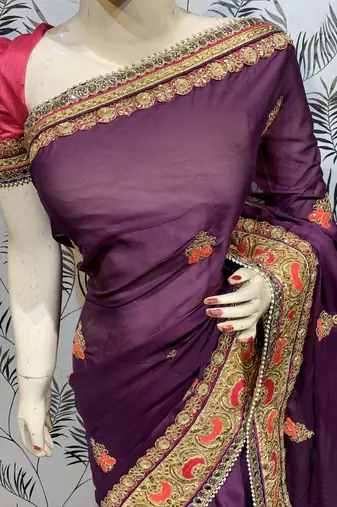 Chiffon silk wedding wear saree in violet with embroidery work & handwork