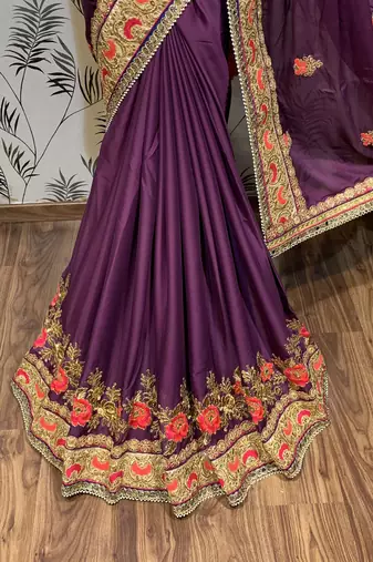 Chiffon silk wedding wear saree in violet with embroidery work & handwork