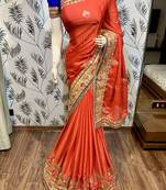 Chiffon silk wedding wear saree in red with embroidery work & handwork