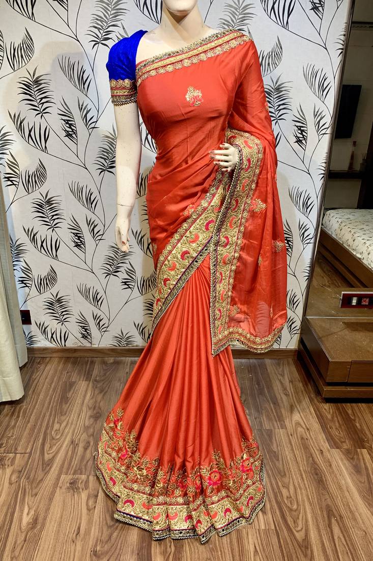 Chiffon silk wedding wear saree in red with embroidery work & handwork