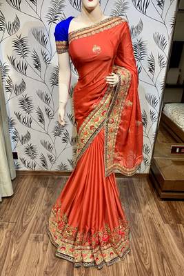Chiffon silk wedding wear saree in red with embroidery work & handwork 2