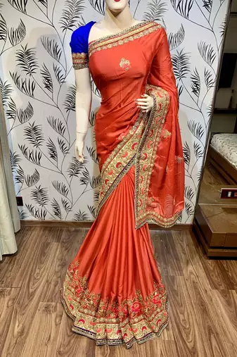 Chiffon silk wedding wear saree in red with embroidery work & handwork