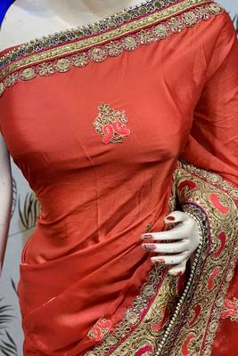Chiffon silk wedding wear saree in red with embroidery work & handwork 3