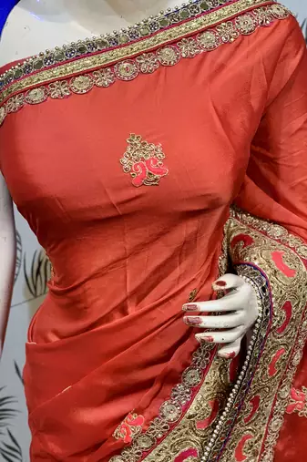 Chiffon silk wedding wear saree in red with embroidery work & handwork