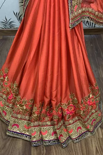 Chiffon silk wedding wear saree in red with embroidery work & handwork