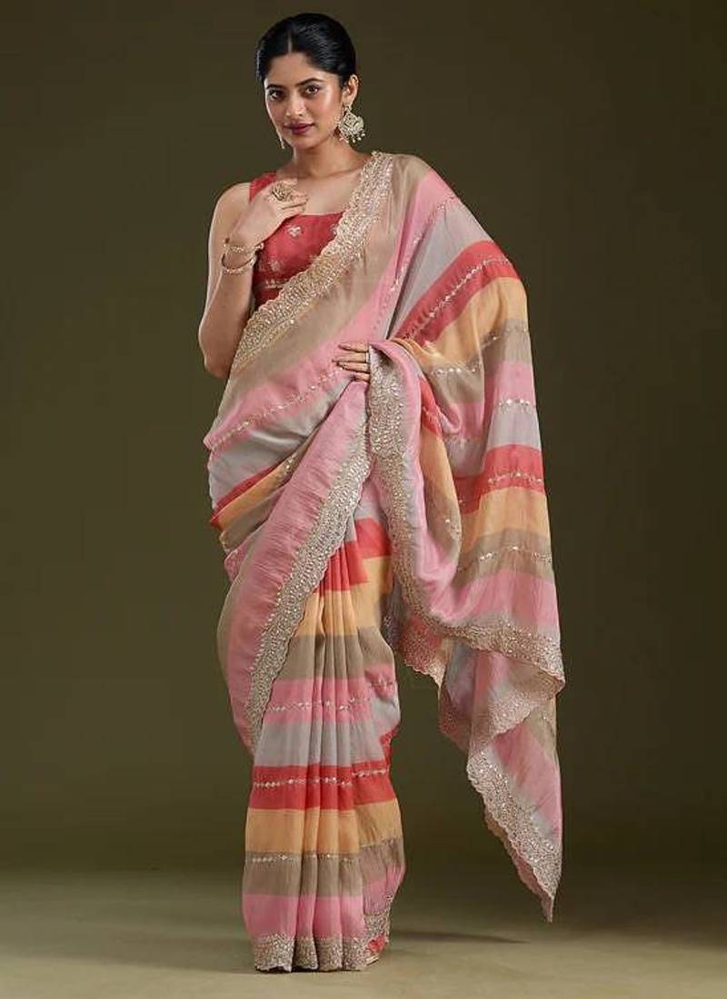 Multi Color Zari And Sequence Embroidery Work Rangoli Silk Saree