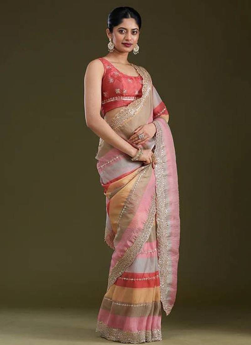 Multi Color Zari And Sequence Embroidery Work Rangoli Silk Saree