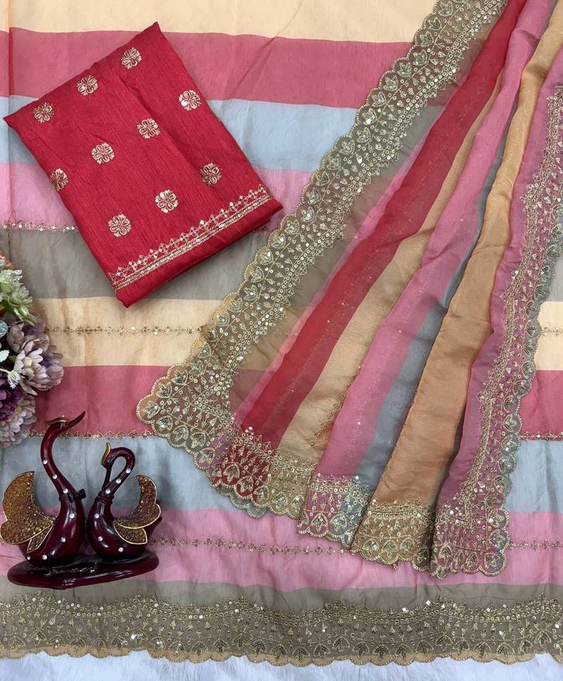 Multi Color Zari And Sequence Embroidery Work Rangoli Silk Saree