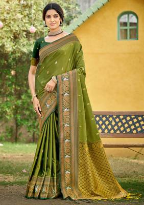 orange soft silk blend woven work traditional saree 1