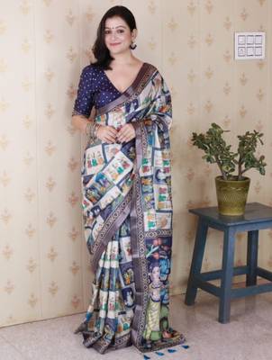Navy blue tussar silk digital print zari woven border saree with contrast blouse piece 1