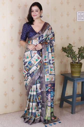 Navy blue tussar silk digital print zari woven border saree with contrast blouse piece