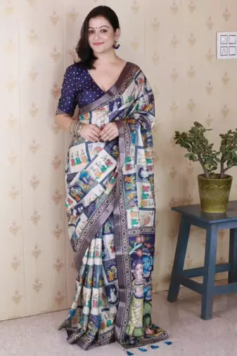 Navy blue tussar silk digital print zari woven border saree with contrast blouse piece