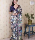 Navy blue tussar silk digital print zari woven border saree with contrast blouse piece