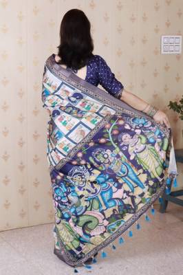Navy blue tussar silk digital print zari woven border saree with contrast blouse piece 2
