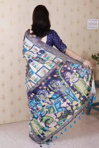 Navy blue tussar silk digital print zari woven border saree with contrast blouse piece