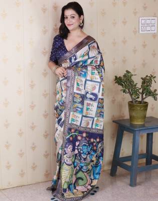 Navy blue tussar silk digital print zari woven border saree with contrast blouse piece 3