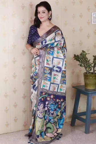 Navy blue tussar silk digital print zari woven border saree with contrast blouse piece