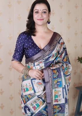 Navy blue tussar silk digital print zari woven border saree with contrast blouse piece 5