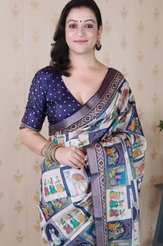 Navy blue tussar silk digital print zari woven border saree with contrast blouse piece