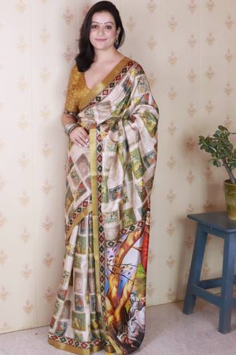 Mustard tussar silk digital print zari woven border saree with contrast blouse piece
