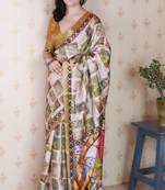 Mustard tussar silk digital print zari woven border saree with contrast blouse piece