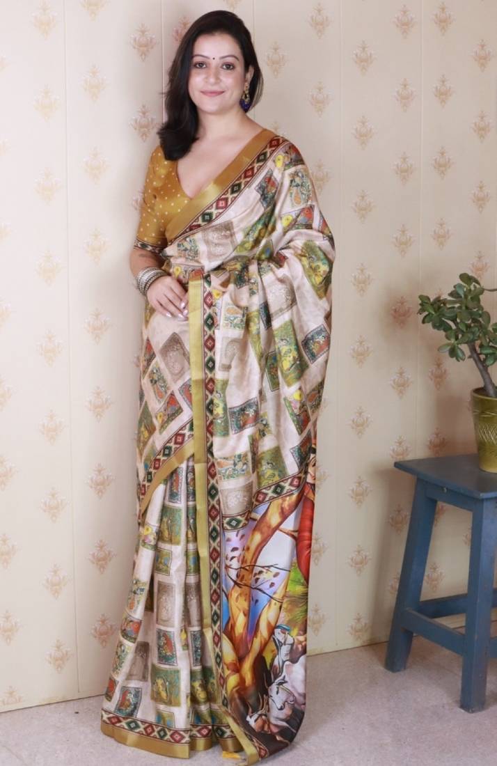 Mustard tussar silk digital print zari woven border saree with contrast blouse piece
