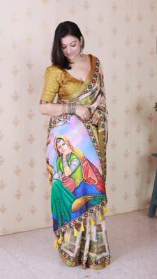 Mustard tussar silk digital print zari woven border saree with contrast blouse piece 2