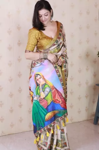 Mustard tussar silk digital print zari woven border saree with contrast blouse piece