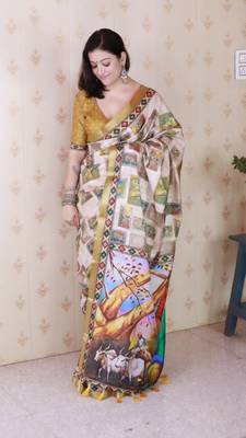 Mustard tussar silk digital print zari woven border saree with contrast blouse piece 3