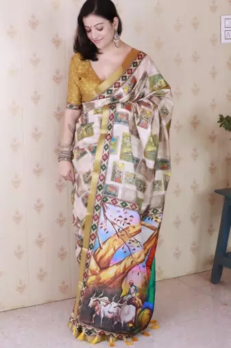 Mustard tussar silk digital print zari woven border saree with contrast blouse piece
