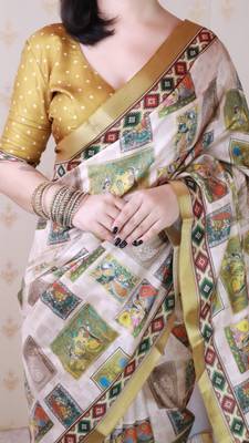 Mustard tussar silk digital print zari woven border saree with contrast blouse piece 4