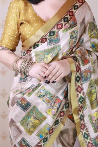 Mustard tussar silk digital print zari woven border saree with contrast blouse piece
