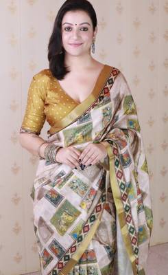 Mustard tussar silk digital print zari woven border saree with contrast blouse piece 5