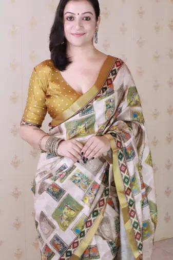 Mustard tussar silk digital print zari woven border saree with contrast blouse piece