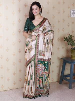 Green tussar silk digital print zari woven border saree with contrast blouse piece 1
